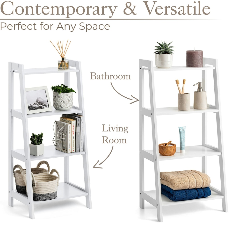 image 1 of Christow White Ladder Shelf Wooden 4 Tier Storage Unit Display Stand Bathroom
