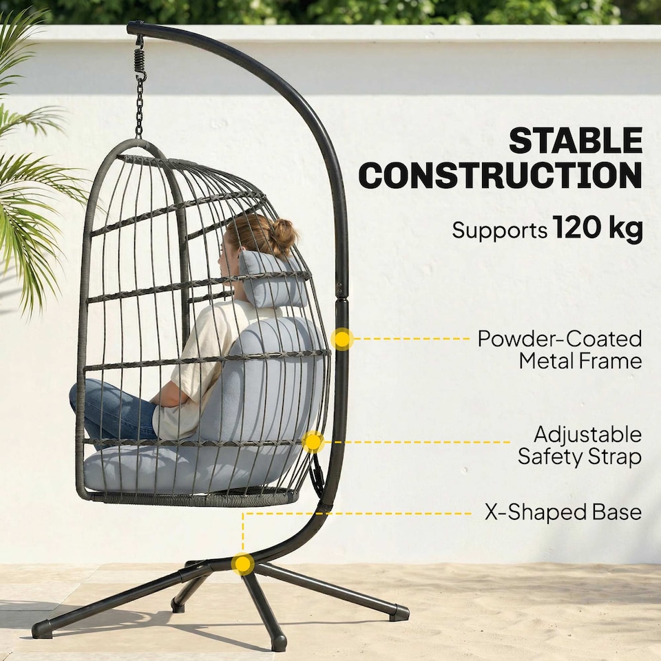 image 1 of Outsunny Hanging Egg Chair, Outdoor Swing Chair with Stand, Dark/Light Grey | Grey | Dark grey basket, light grey cushions | One Size