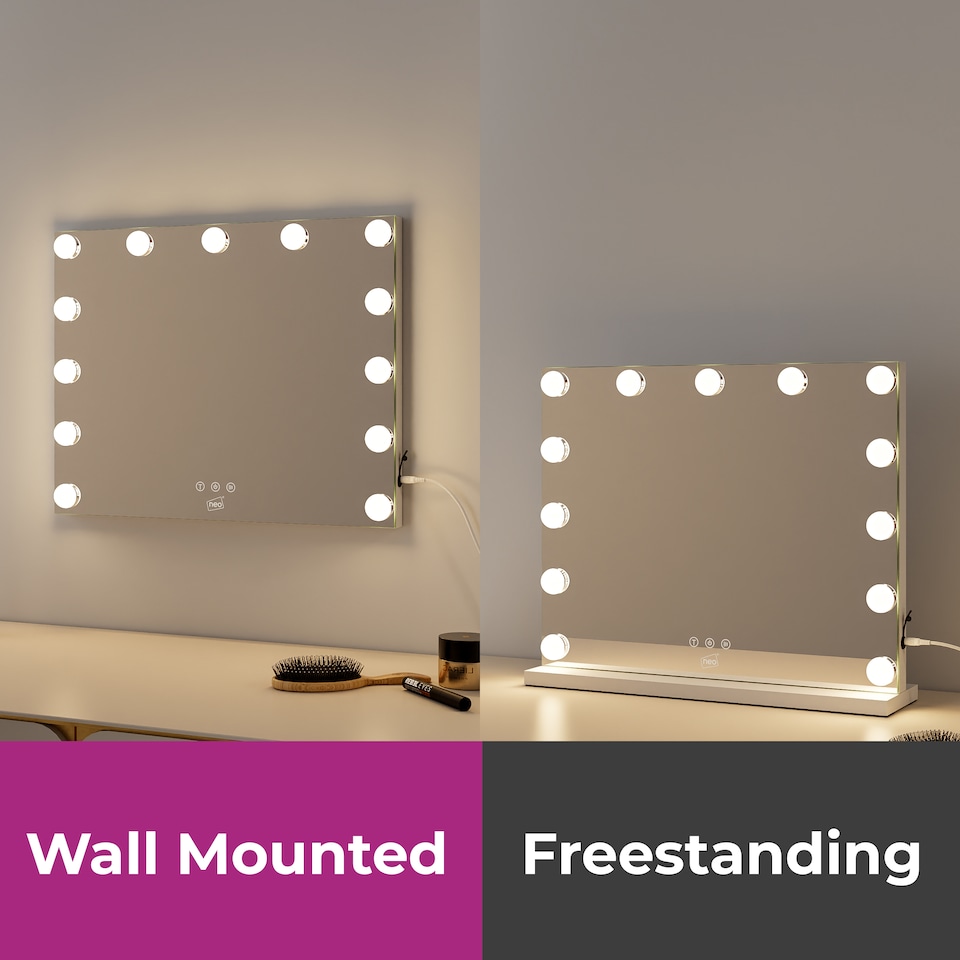 image 1 of Neo Hollywood Vanity Touch Wall Mounted Freestanding Mirror with 13 LED Bulbs Lights Makeup Lighted 3 Colour Dimmable Lighting Modes