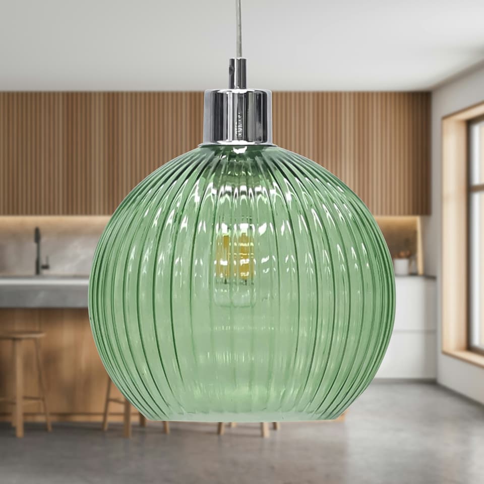image 1 of Betchley - Green Ribbed Glass Globe Easy Fit Pendant Shade Green
