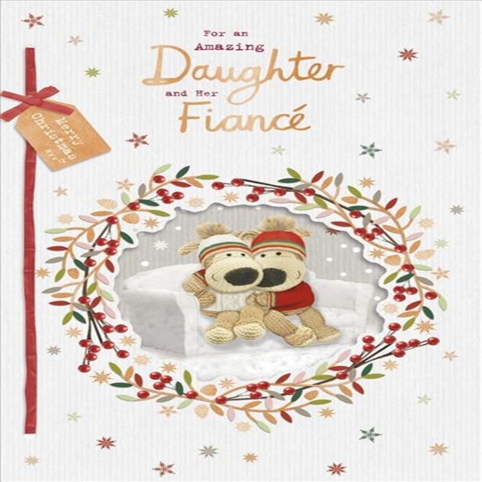 image 1 of Daughter and Her Fiance Boofles Sat on a Snow Sofa in a Wreath Frame Christmas Card