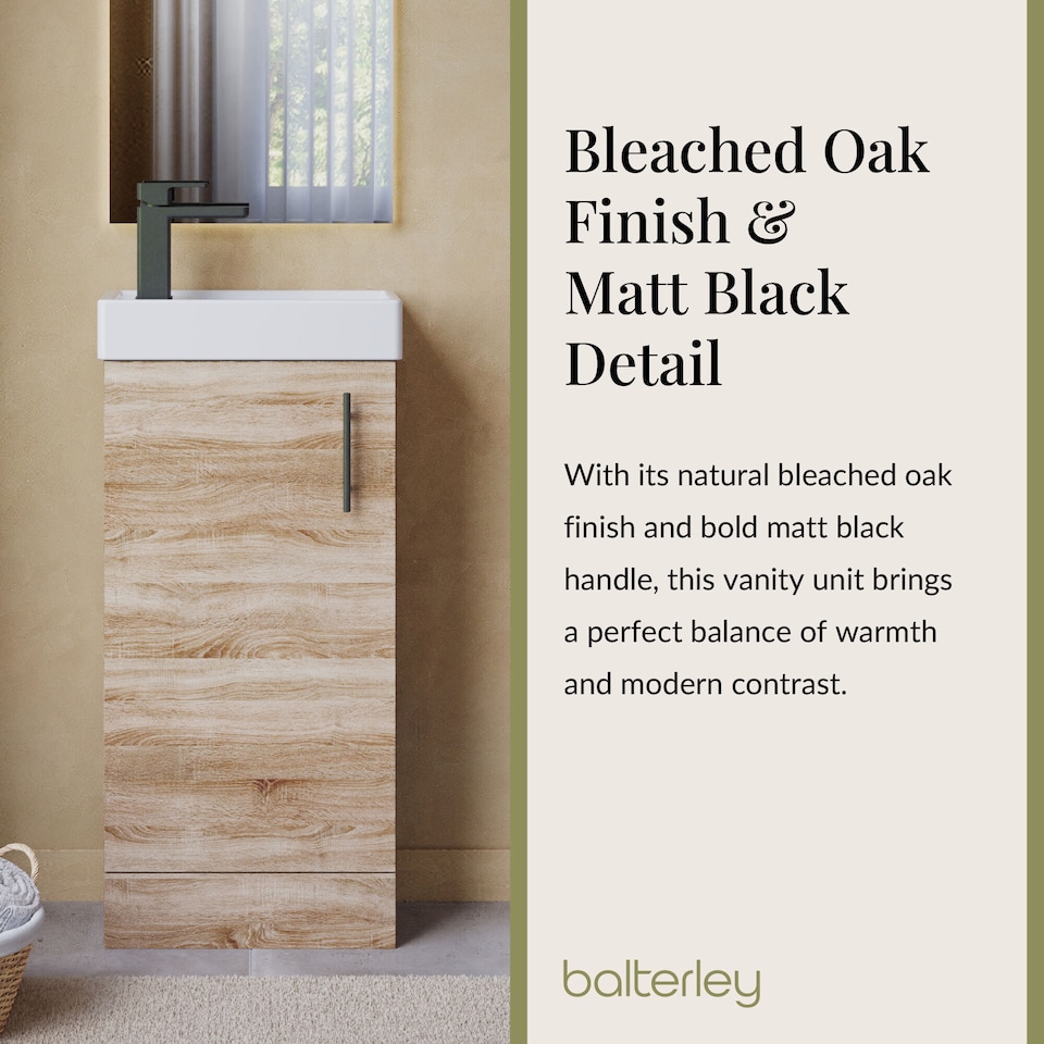 image 1 of Floor Standing Vanity Basin 400mm Bleached Oak & Matt Black Handle | Brown | Bleached Cuneo Oak | 781 x 400 x 222mm