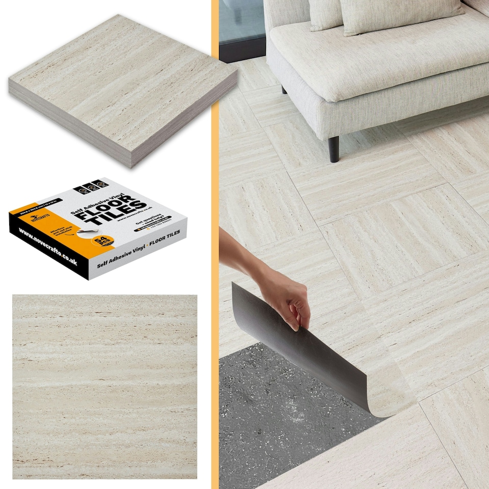 image 1 of NOVECRAFTO Vinyl Floor Tile – Self Adhesive 18x18 in – Travertine Dune – Peel & Stick for Kitchen, Bathroom & Living Room – Waterproof & Easy DIY Brown | 4.18 sqm