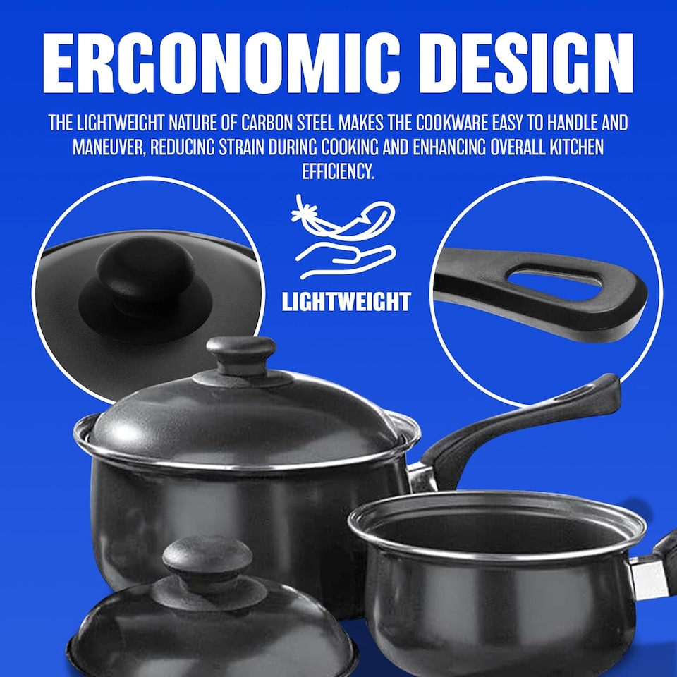 image 1 of 6pc Cookware Set & Lids Bakelite Handle Carbon Steel Non Stick Pans