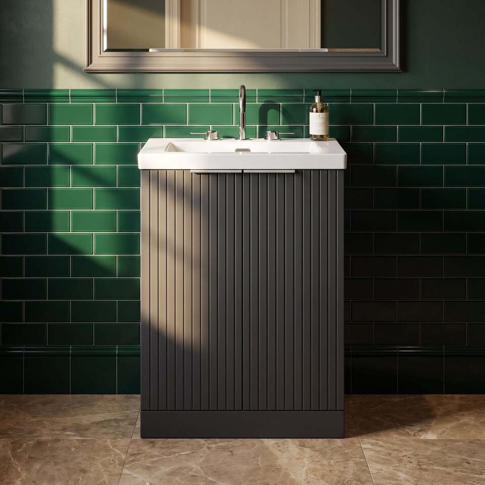 image 1 of Balterley Callingwood Contemporary Floor Standing 2 Door Vanity Unit with 3 Tap Hole Fireclay Basin , 600mm, Dark Grey