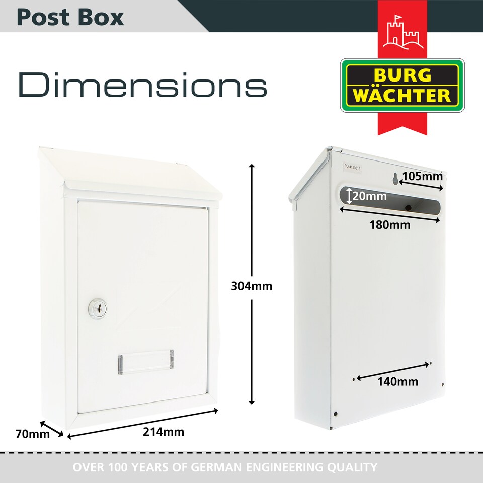 image 1 of Burg-Wachter White Avon Dual Entry Wall Mounted Galvanised Steel Lockable Weatherproof Post Box - 21x30x7cm | White | White