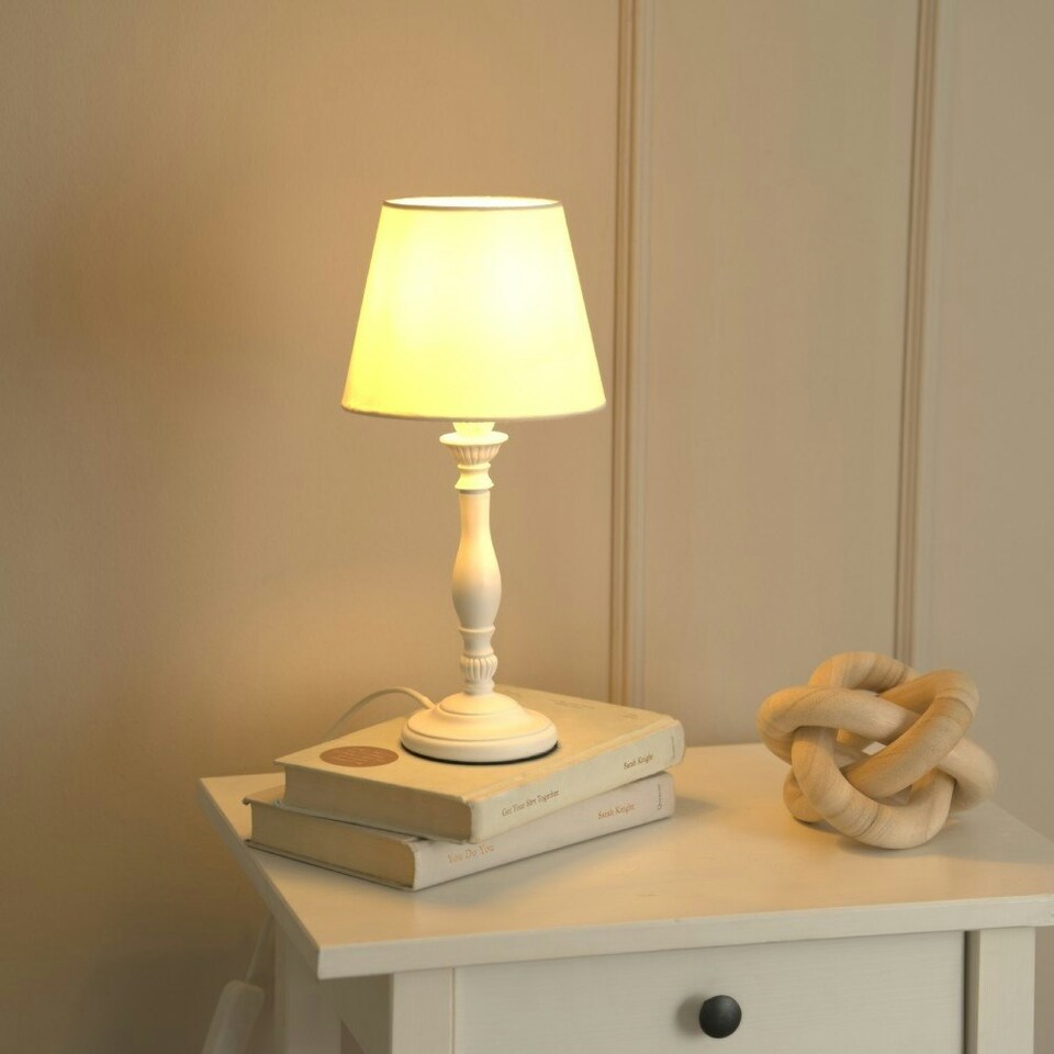 image 1 of ValueLights Sara Pair of - White Wood Candlestick Table Lamp with a Tapered Shade | White