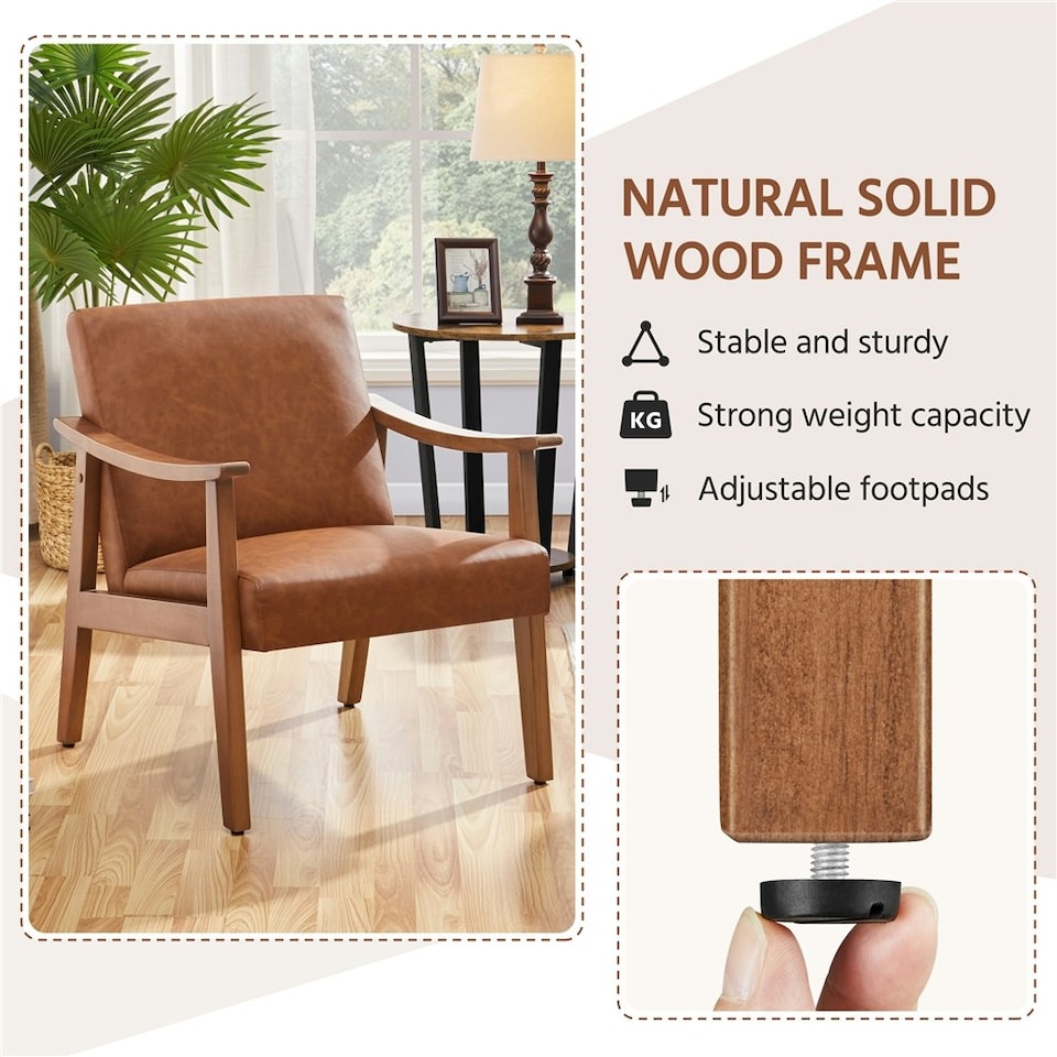 image 1 of Yaheetech Faux Leather Upholstered Armchair with Wood Legs | Brown | Light Brown