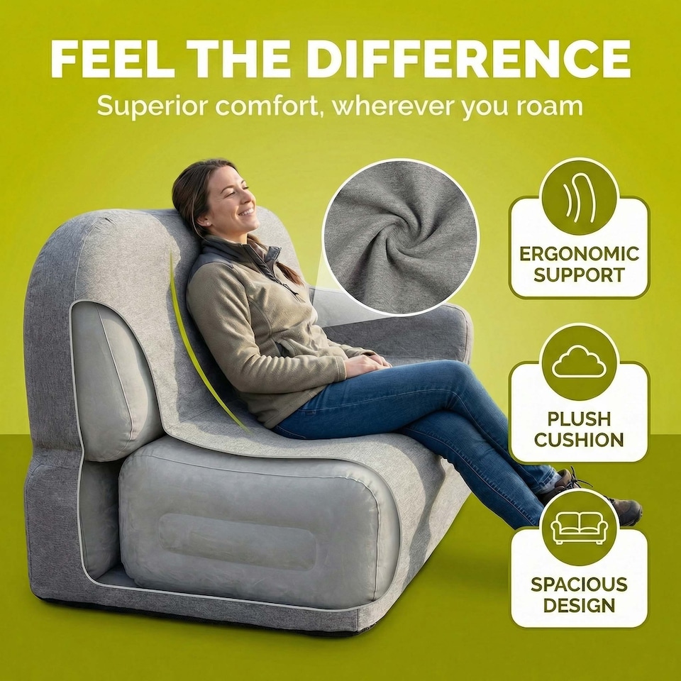 image 1 of PMS Inflatable Camping Sofa 140cm x 86cm - Lightweight, Water-Resistant Lounger, Blue