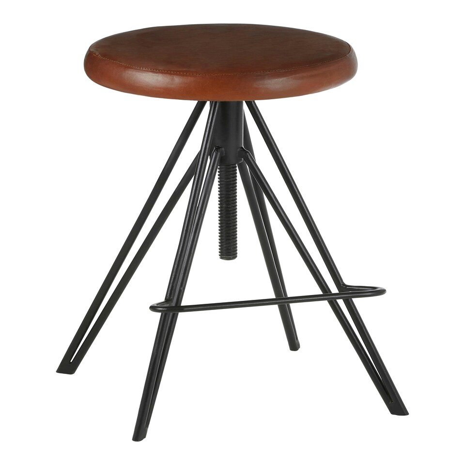 image 1 of Interiors by Premier Stylish Round Leather Stool, Comfortable Leather Upholstered Bar Stool, Sturdy Metal Kitchen Stool Brown