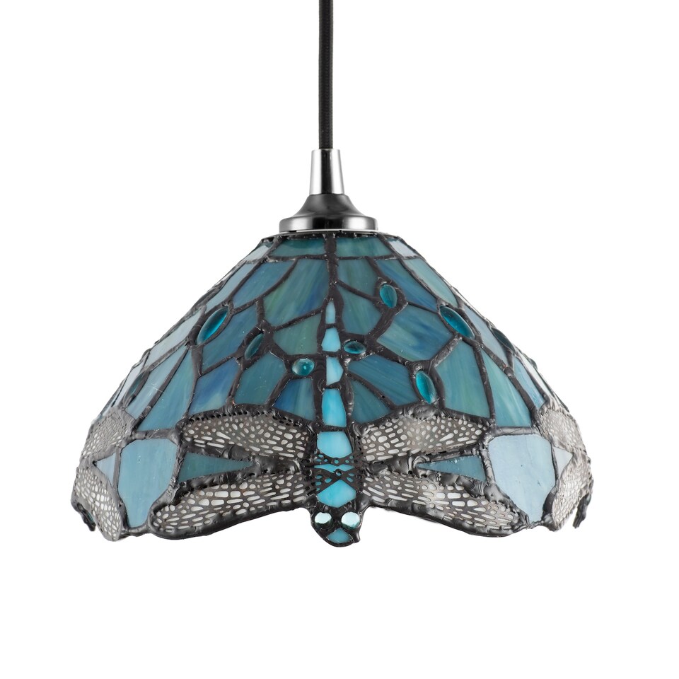 image 1 of Dragonfly Themed Emerald Stained Glass Tiffany Pendant Lighting Shade with Beads | Green
