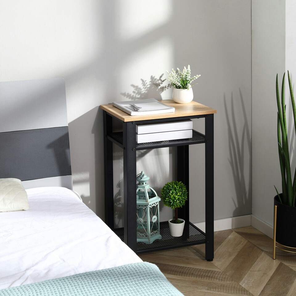 image 1 of HOMCOM Modern Side Table with 2-Tier Shelves End Table for Bedroom Yellow