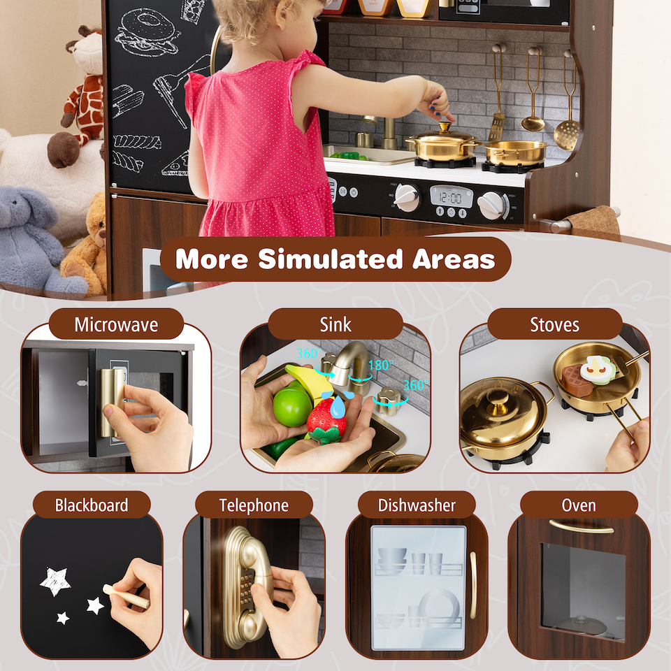 image 1 of COSTWAY Wooden Play Kitchen Kids Pretend Play Toy w/Microwave Ice Make-Brown