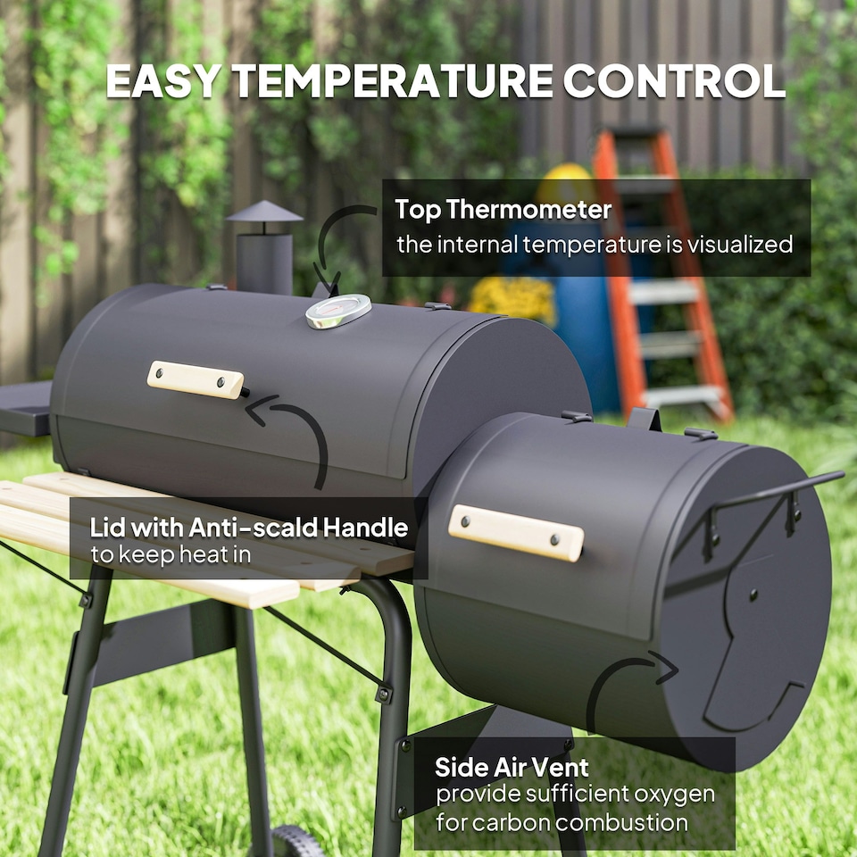 image 1 of Outsunny Portable Charcoal BBQ Grill Steel Offset Smoker Combo Backyard