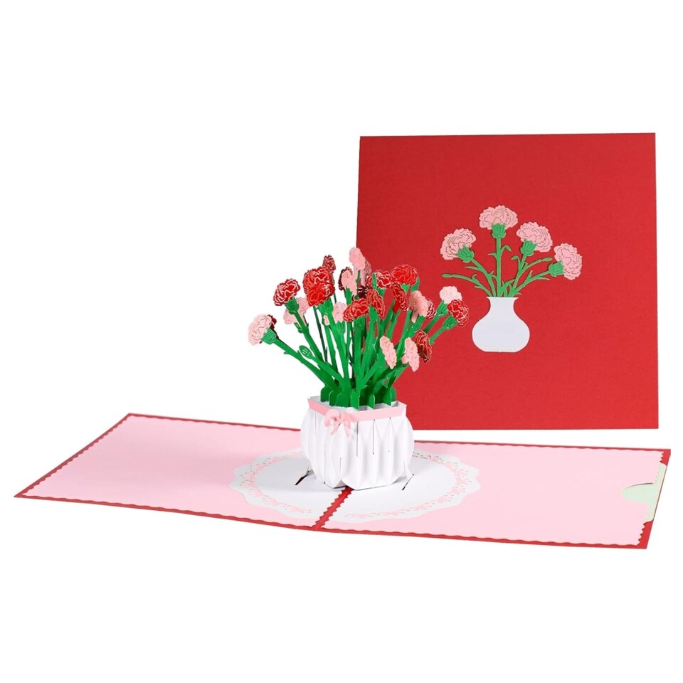 image 1 of Carnation Vase 3D Pop Up Greeting Card - Mother's Day Anniversary Birthday Get Well