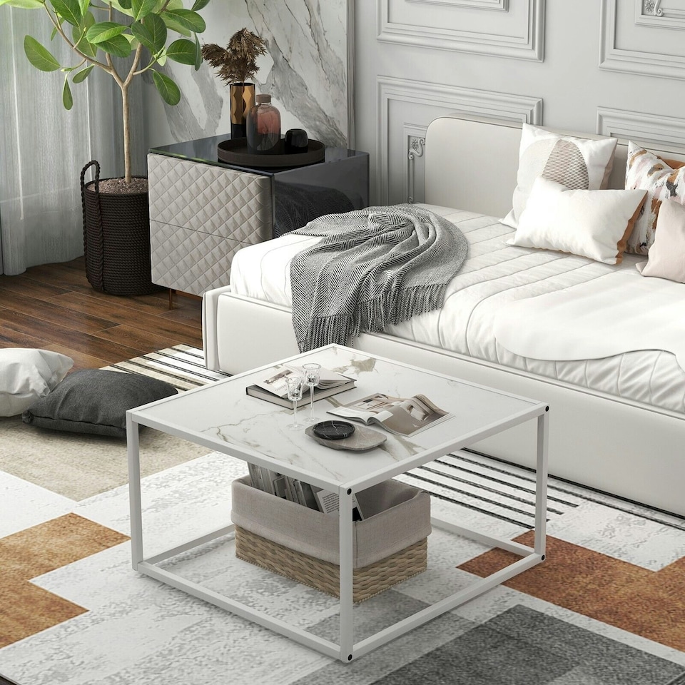 image 1 of COSTWAY Modern Square Coffee Table with Faux Marble Tabletop White