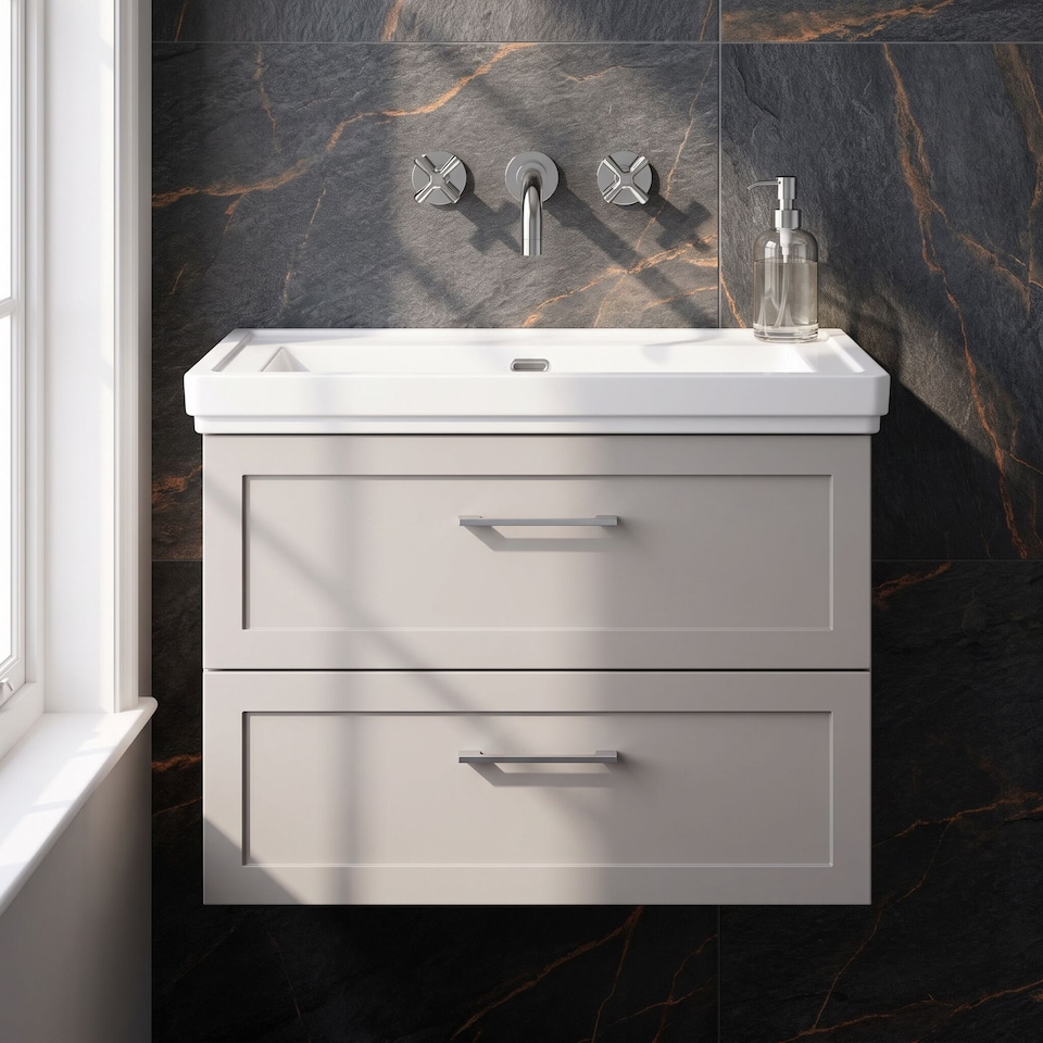 image 1 of Balterley Stonnall Traditional Wall Hung 2 Drawers Vanity Unit with Traditional 0 Tap Hole Fireclay Basin, 800mm, Pebble Grey