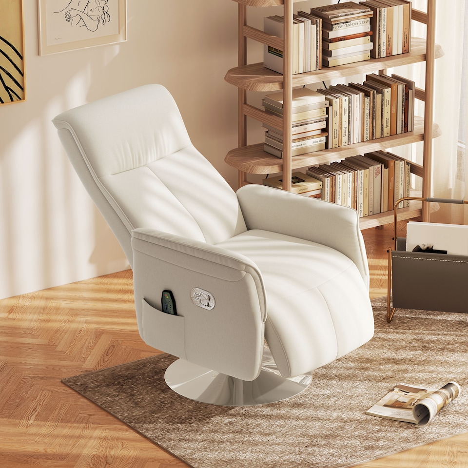 image 1 of HOMCOM Massage Recliner Chair with Footstool, Upholstered Reclining Armchair with Adjustable Backrest and Steel Frame, Breathable Linen Fabric Swivel Chair for Living Room, Bedroom, Cream White | Cream | Cream