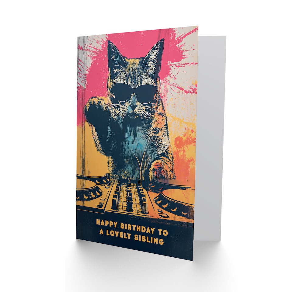 image 1 of Happy Birthday Sibling DJ Cat Lover Vinyl Records Music Neutral Card