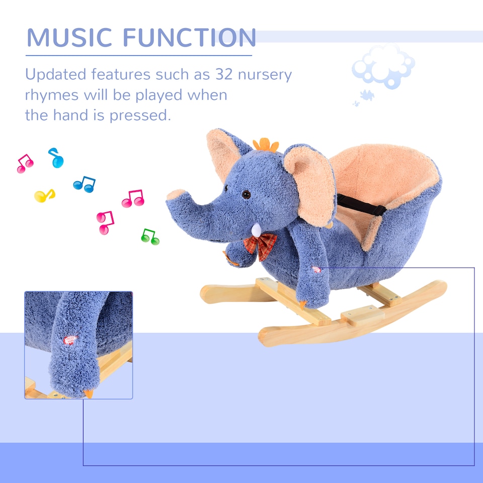 image 1 of HOMCOM Children Kids Rocking Horse Toys Plush Elephant Rocker Seat with Sound Toddler Baby Gift for 1.5 Years Plus Blue
