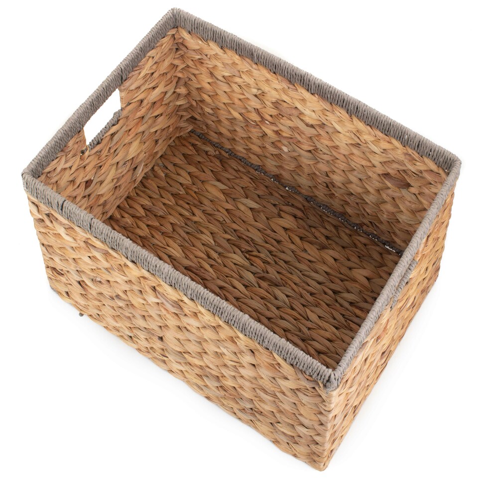 image 1 of Water Hyacinth with Grey Rope Border Rectangular Storage Basket Brown | Brown | L