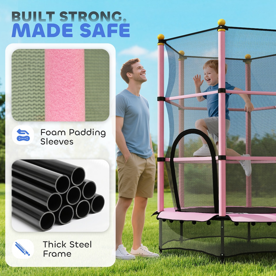 image 1 of HOMCOM 4.6FT Kids Trampoline with Enclosure Net for Ages 3-10 Years, Pink