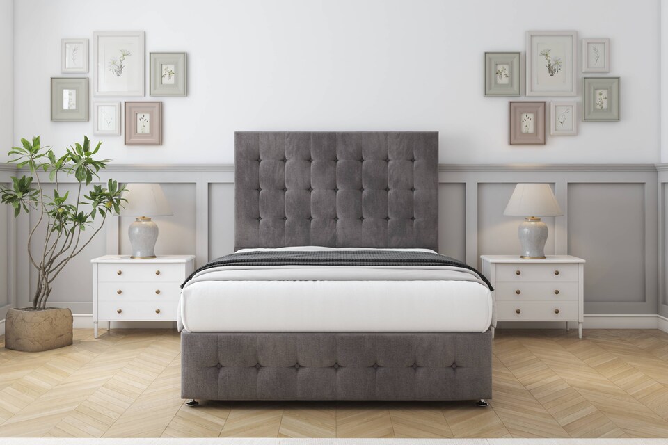 image 1 of Sloomy Berlin Slate Naples Divan Bed With Mattress 2 Drawers Left Side With 54" Floor Standing Headboard & 12" Matching Footboard 2'6 Small Single | Grey | Slate | Small Single | 1