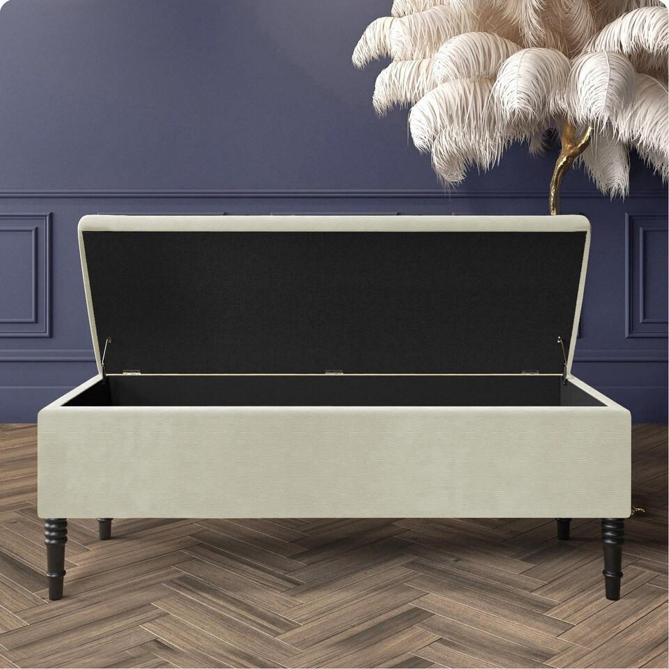 image 1 of 90cm Paris Plain Ottoman Storage Bench -Naples Shoes Bench with Black Turned Wooden Legs - Cream Upholstery Storage Footstool