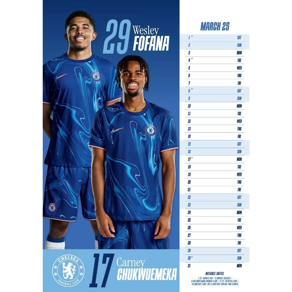 image 1 of Chelsea FC 2025 A3 Wall Calendar - Blue/White - One Size