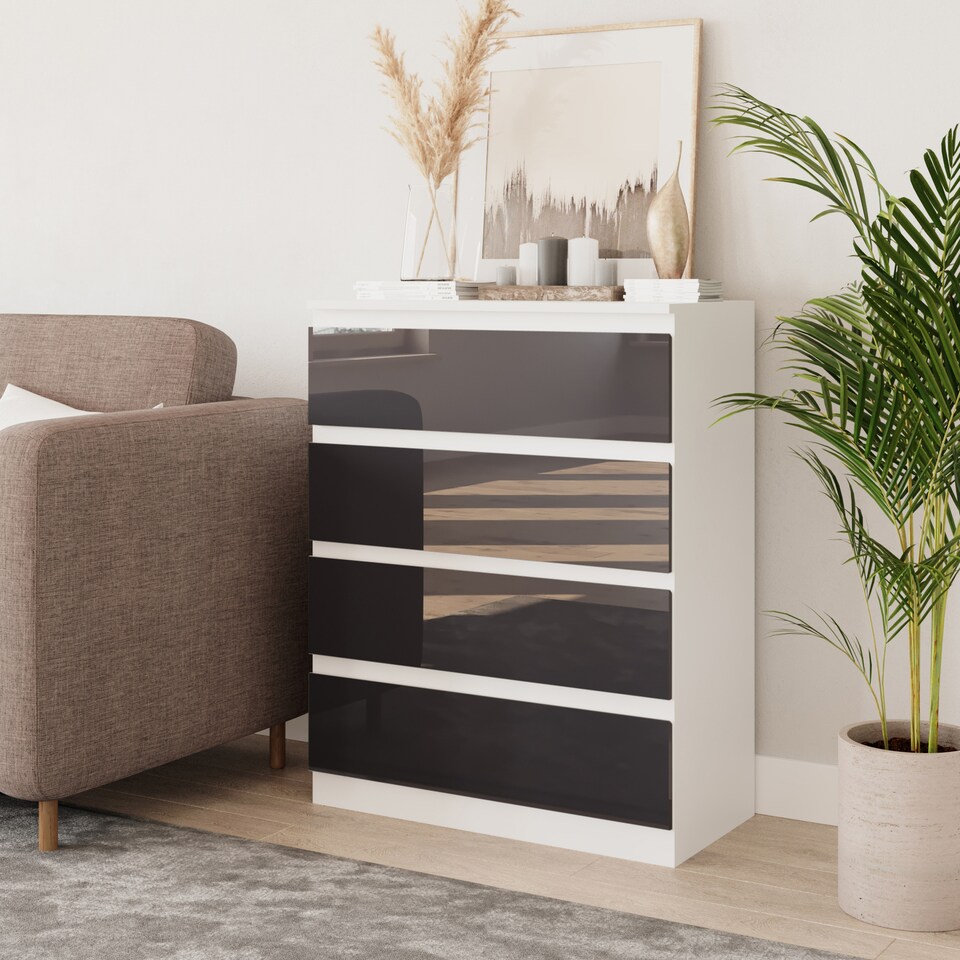 image 1 of Gloss 4 Drawer Chest No Handle Storage Cabinet | White | Gloss Grey Drawer | One Size | 1