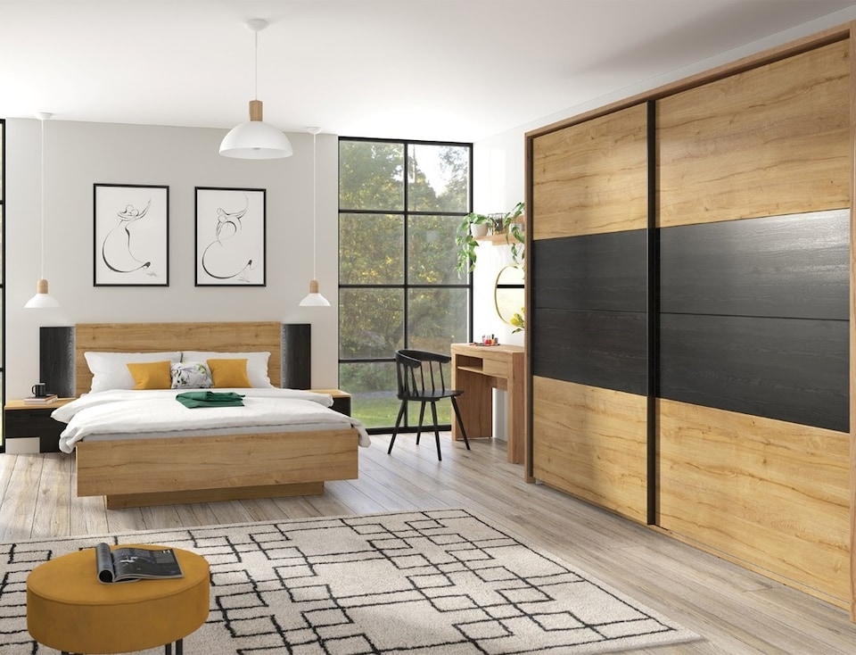 image 1 of Large Sideboard Cabinet 3 Drawers Bedroom Living Room Storage 160cm Unit Oak and Black Oak Effect Modern Maio