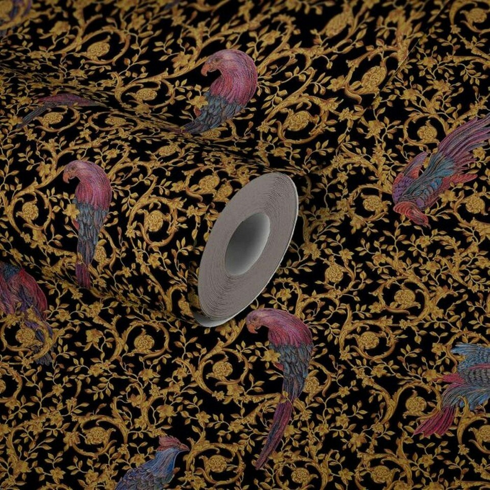 image 1 of Versace Barocco Birds Textured Wallpaper - Black/Gold - 10m x 70cm