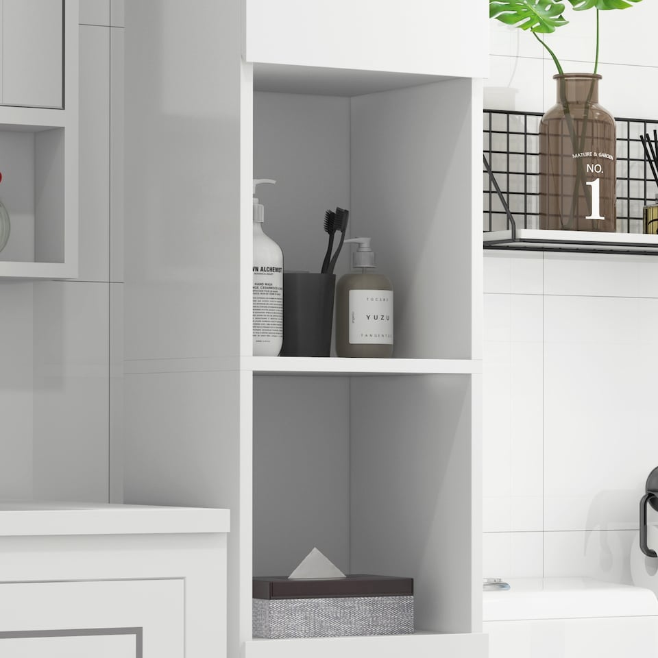 image 1 of kleankin High Gloss Bathroom Cabinet, Free Standing Storage Cupboard with Doors and Adjustable Shelves, White