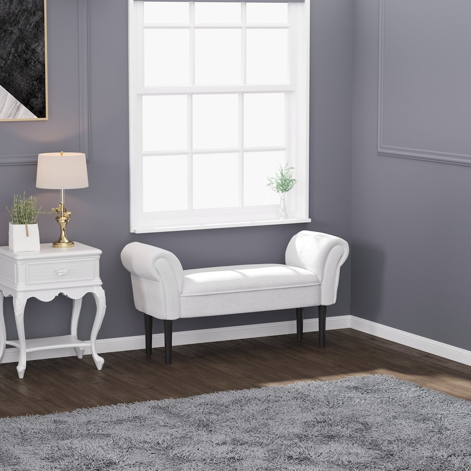 image 1 of HOMCOM Small Bench, Upholstered Window Seat with Arms and Wooden Legs, Modern Shoe Bench for Entryway, Living Room, Bedroom, Greyish White