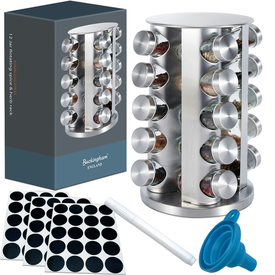 image 1 of Buckingham Stainless Steel Rotating Spice & Herb Rack including 20 Glass Jars Silver
