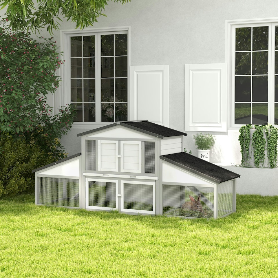 image 1 of PawHut Rabbit Hutch, Bunny Cage with Tray & Ramp, Wooden Outdoor House, Grey