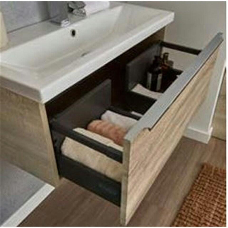 image 1 of 800mm Bathroom Sonoma Oak Wall Mounted Vanity Unit and Basin (Central) - Brassware not included Brown