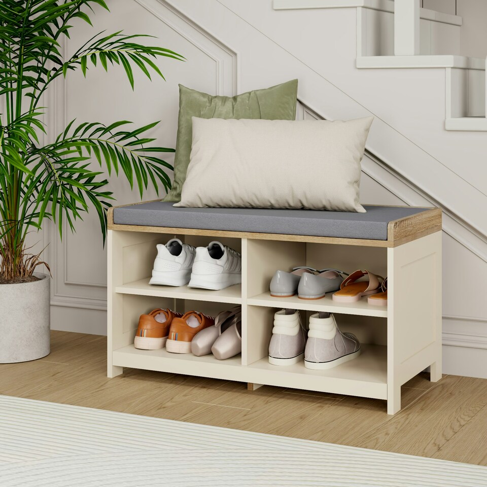 image 1 of VonHaus Hallway Shoe Storage Bench with Seat Cream