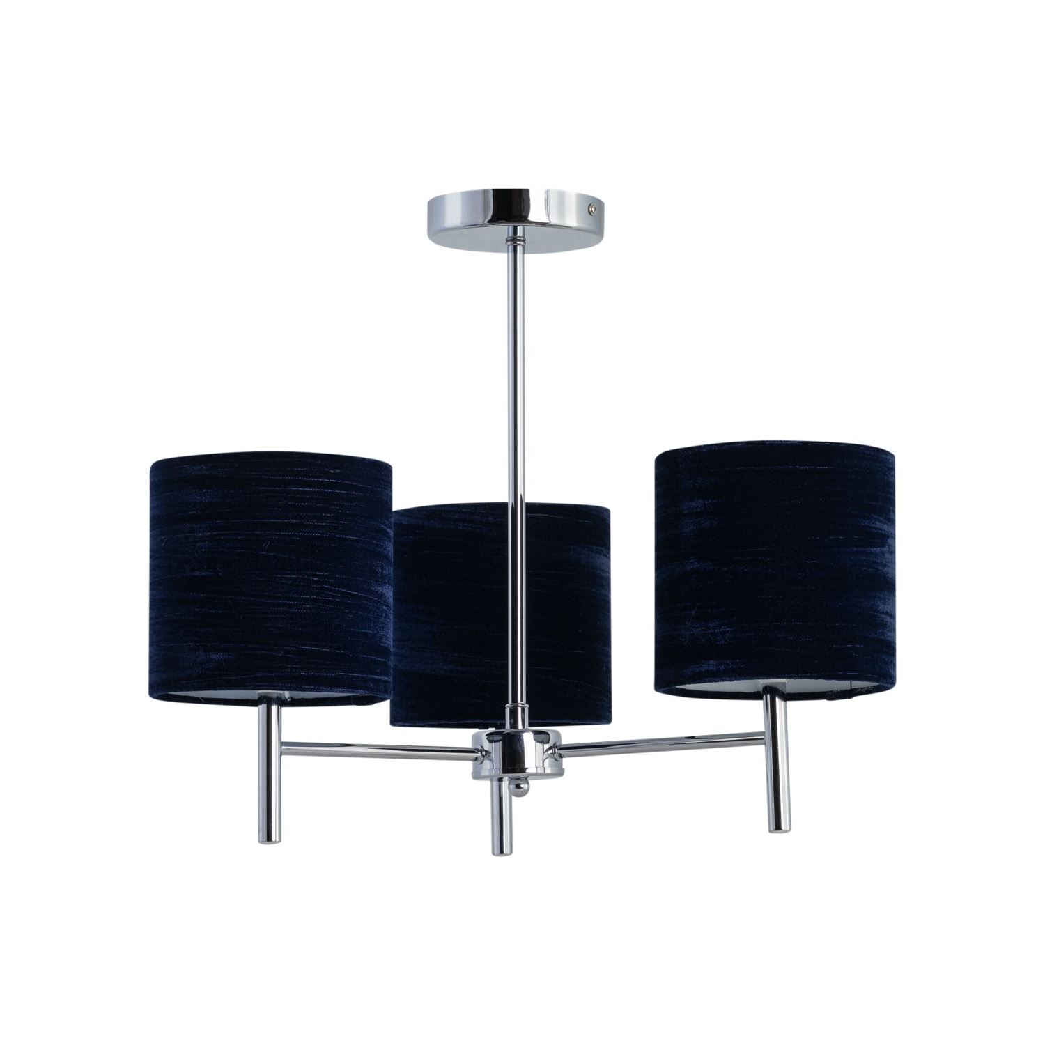 First Choice Lighting Brea - Chrome 3 Light Fitting with Navy Blue Crushed Velvet Shades in Silver
