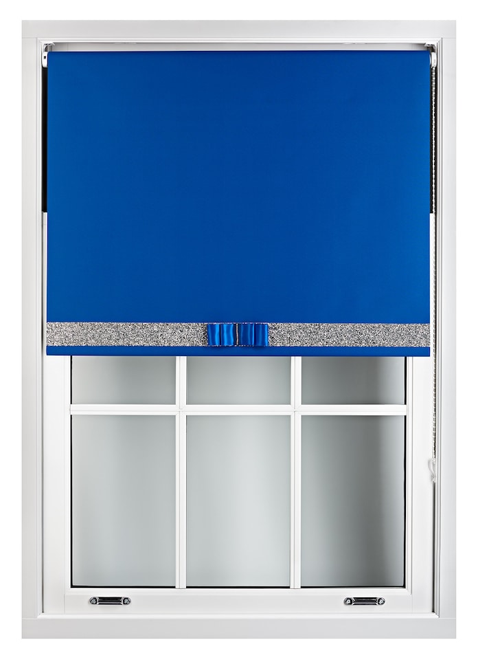 image 1 of FURNISHED Blackout Roller Blind with Silver Glitter Trim and Blue Bow Trimmable Window Shade | Blue | Blue | (W) 175cm x (L) 165cm
