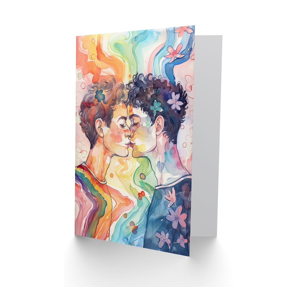 image 1 of Rainbow Love Pride Gay Couple Kiss Watercolour Birthday Card