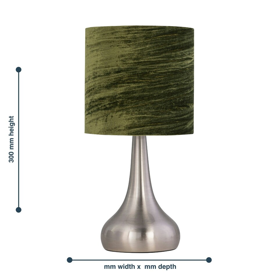 image 1 of Set of 2 Romana - Brushed Chrome Touch Operated Table Lamps Bedside Lights Dark Green Crushed Velvet Shade Silver | Green