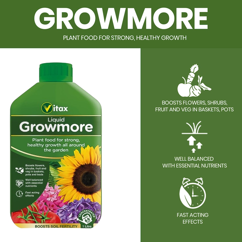 image 1 of Vitax Liquid Growmore 1L Concentrated All Purpose Plant Feed for Lawns Vegetables Flowers NPK Fertiliser Growth Boost