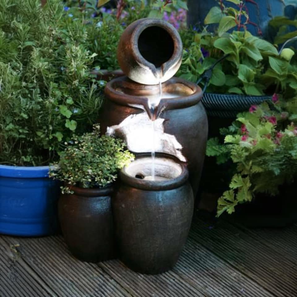 image 1 of Earthenware 3-Tier Honey Pot Water Feature & Planter with Lights 50cm
