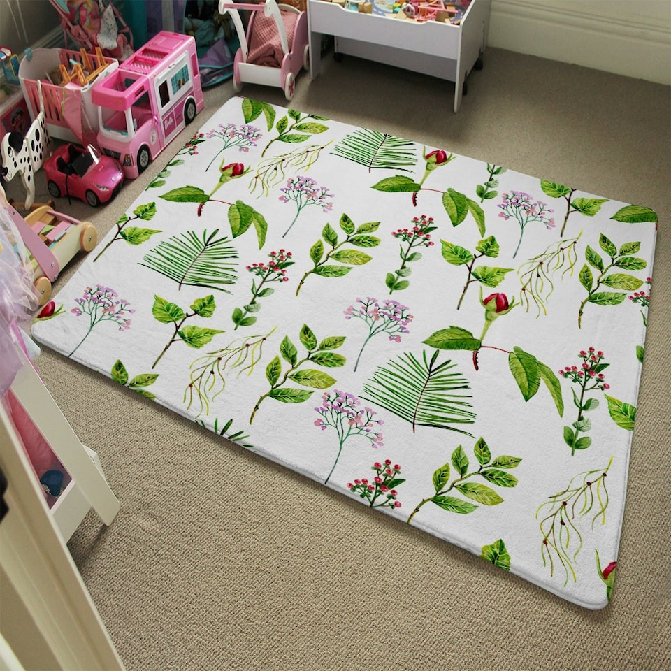 image 1 of Selection of Leaves & Flowers (Rug) Green | Medium: 80x150cm