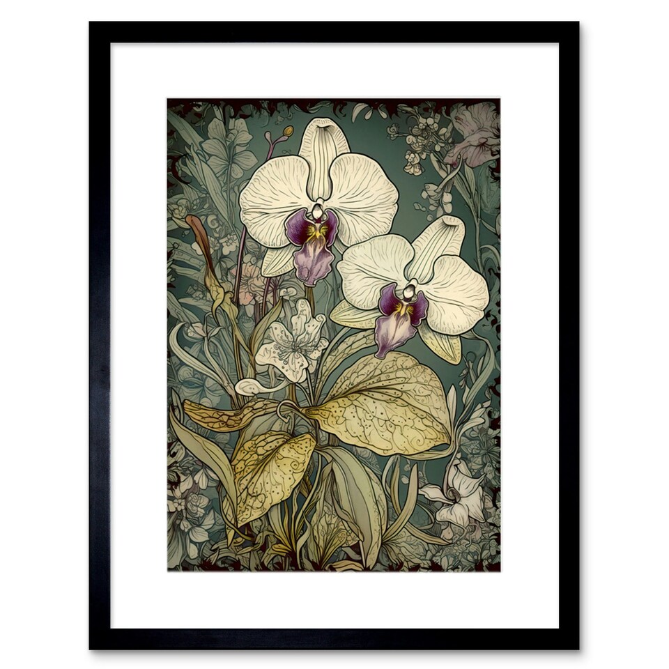 image 1 of William Morris Style White Purple Orchid 9x7" Black Framed Wall Art Print