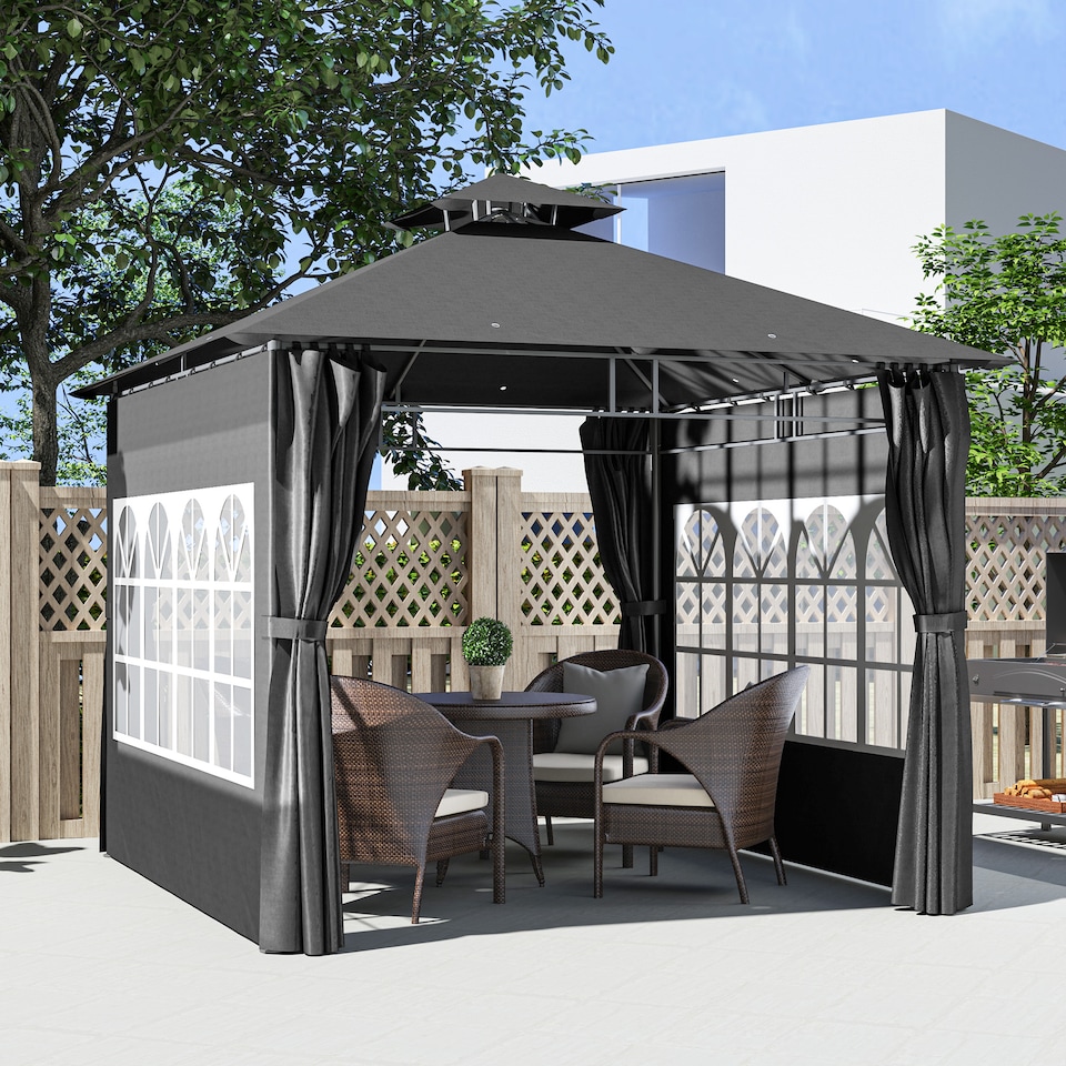 image 1 of Outsunny 3 x 3 m Garden Gazebo, Double Roof Metal Gazebo with Removable Sidewalls and Church Windows, Outdoor Canopy Shelter, Dark Grey