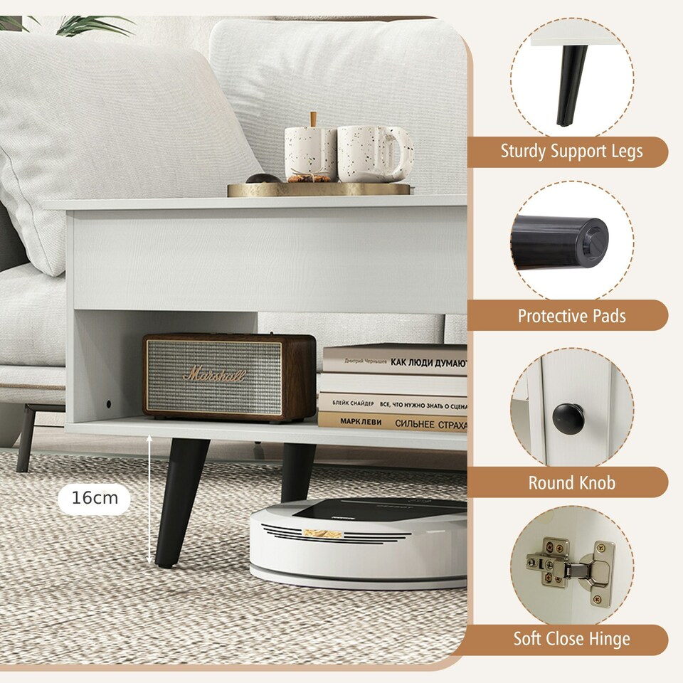 image 1 of COSTWAY Lift Top Coffee Table w/Hidden Compartment White White
