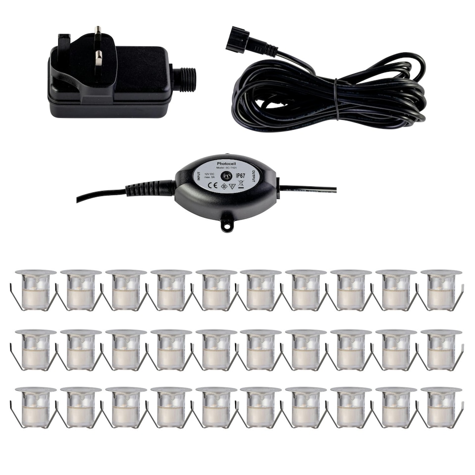 image 1 of Set of 30 - 30mm IP67 Warm White LED Decking Kit with Photocell Chrome | Clear