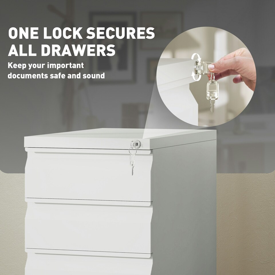 image 1 of Vinsetto Steel File Cabinet with Lock and Wheels for Home Office, White